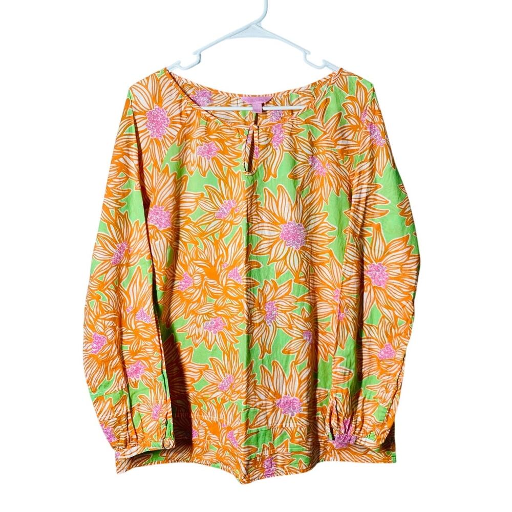 Lilly Pulitzer Jemma Floral Ornage Green Cotton Top Boho Artsy Beachy Preppy